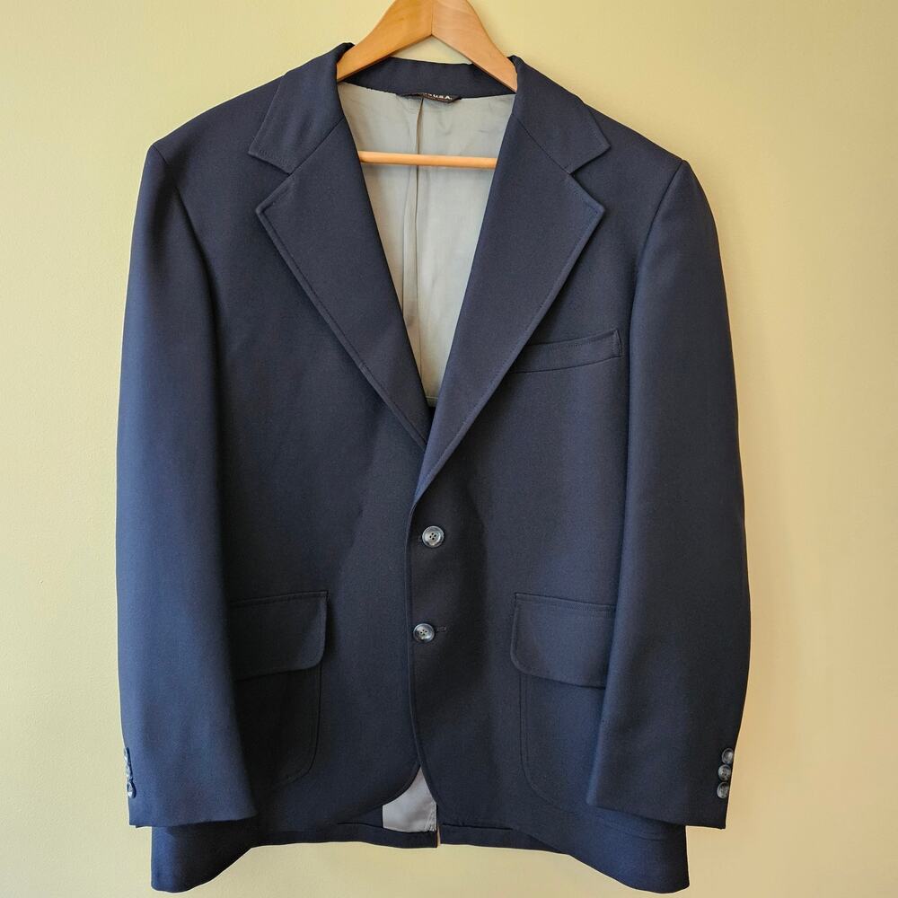 Vintage 70s Men's Navy 2-Button Blue Polyester Blazer, Size 40R